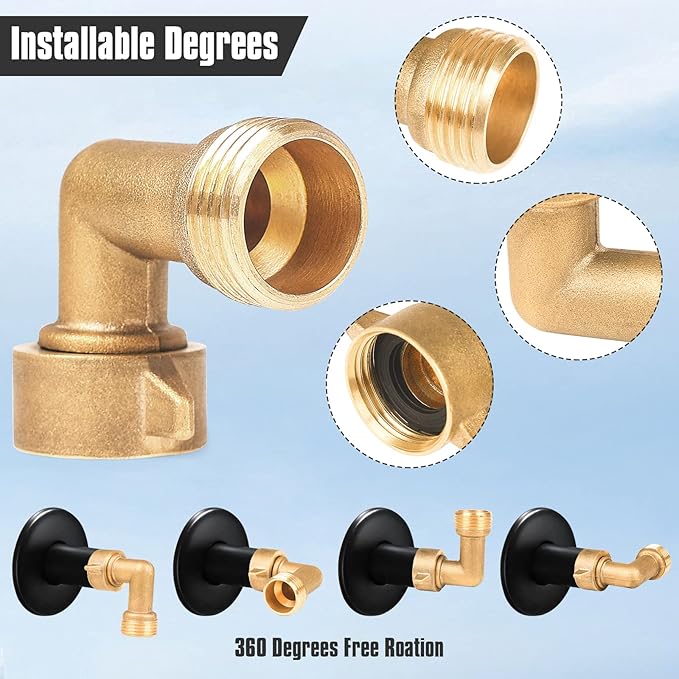 2Pack 90 Degree Hose Elbow - RV & Garden Faucet Adapter, 3/4" Solid Brass, Hose Adapter for RV Water Hookups Residential Outdoor Faucets