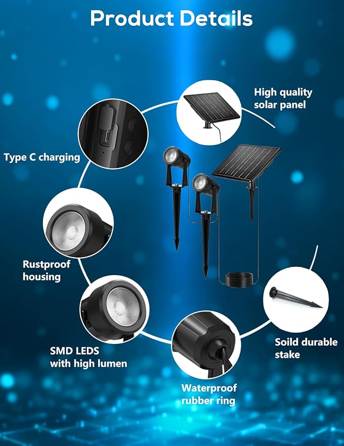 ZYAN Solar Landscape Spot Lights Outdoor 24ft Cable 6W Monocrystalline Panel & USB-C Powered 5400mAh All-Night Lighting Auto Dusk to Dawn IP65 Waterproof Warm White LED Uplights for Yard Pathway Trees