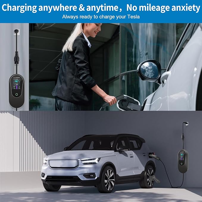 16A Portable Charger with NACS Connector, 25ft Cable, with 240V NEMA 6-20 Plug, 120V NEMA 5-15 Adapter, NACS Connector,Home Charging Stations for ModelY/3/S/X,Level 1/2 EV Chargers.