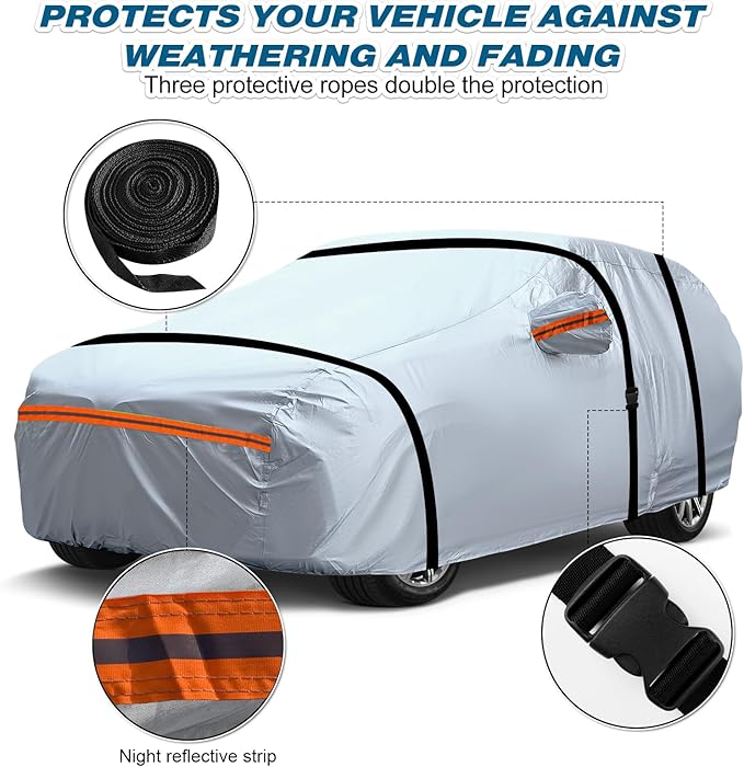 TUCAREST 6 Layers Full Car Cover for Sedan/Wagon/Coupe/Hatchback - Waterproof, Insulated, Anti-UV, Snow-Proof, Anti-Wind, All-Weather, Thickened Protection, up to 198 in
