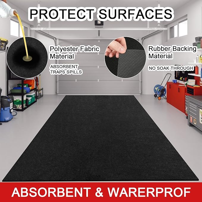 Golener Oil Spill Mat - Garage Floor Mat, Absorbent Oil Pad, Premium Maintenance Mat, Waterproof, Contain Liquid, Protect Garage Surface from Spill & Stain, Reusable, Washable, Durable, Black, 48”x96”