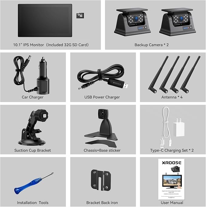 2 Portable Wireless Backup Camera for RV, 1 Min Install Solar Magnetic Camera, 10.1" Large Screen Monitor Backup Camera for Car, Auto-Sleep,DIY Guide Lines 1080P Trailer Camera for Truck,5th Wheels