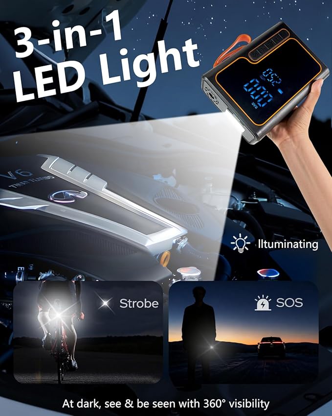 Cordless Tire Inflator and Battery Jumper Portable Air Compressor for Bike Handheld Bicycle Air Pump for Car Tires with Gauge Inflador De llantas Para Carro