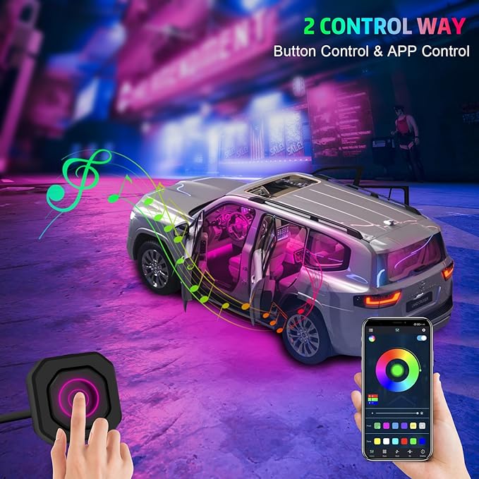 Acrylic Interior Car Lights, AMKI Car LED Strip Light with APP Sub Control, Car Accessories Fiber Optic Car Ambient Lighting Kit with RGB 22 in 1 and 175 inches 593 LEDs 213 DIY and Music Modes DV 12V