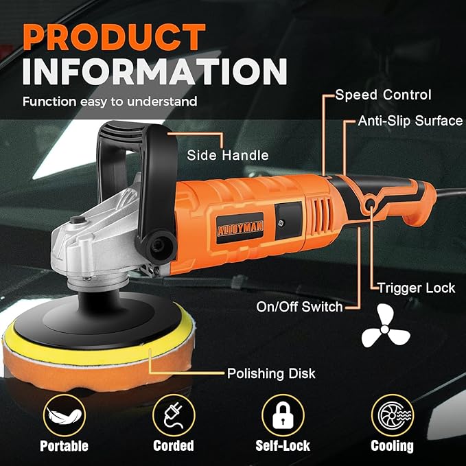 Alloyman 1200W Buffer Polisher Set, 7 Inch/6 Inch Car Detailing with 7 Variable Speeds 600-3000 RPM, Detachable Handle for Car, Boat Polishing & Waxing