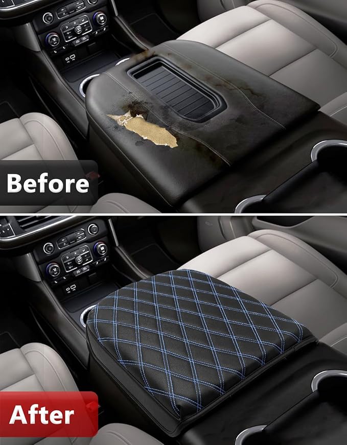 KBH Center Console Armrest Cover for Chevy Silverado GMC Sierra 2019-2025, Tahoe Suburban Yukon 2021-2025, Bucket Seat, Vinyl Leather Trim, Anti-Scratch, Black-Blue Stitch