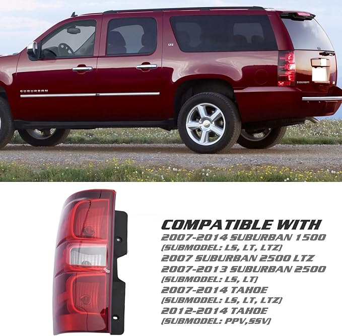 Tail Light Assembly Compatible with 2007-2014 Chevy Chevrolet Tahoe/Suburban 1500 2500,Taillight Brake Lamp Reverse Light Replacement Rear Left Side GM2800196 22837923
