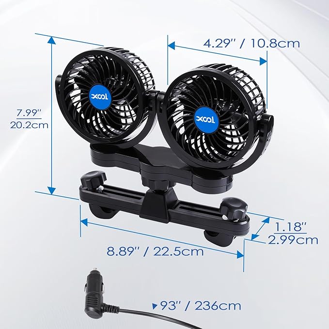 XOOL Electric Car Fans for Rear Seat Passenger Portable Fans Headrest 360 Degree Rotatable Backseat Car Fan 12V Cooling Air Fan with Stepless Speed Regulation for Vehicles, SUV, RV