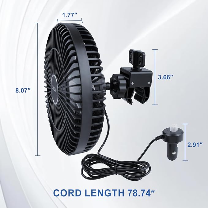 XOOL Clip Car Fan, 9 Inches 12V/24V Fan for Front/Rear Seat Passenger, 360 Degree Rotatable Electric Cooling with Stepless Speed Regulation SUV, RV, Truck