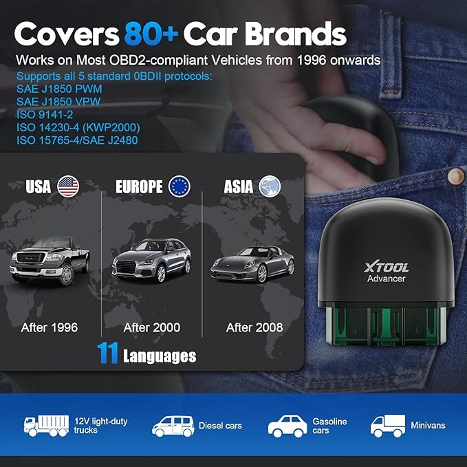 XTOOL Advancer AD20 Pro Wireless OBD2 Scanner Diagnostic Tool, Car Code Reader for iPhone & Android, All System Scan Tool with Free Updates - Check Engine, Oil Reset, Performance Test, Battery Test