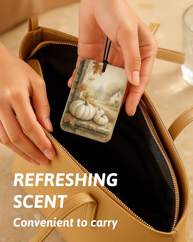 Vintage Fall Pumpkin Car Air Freshener 4 Pcs, Rustic Farmhouse White Pumpkins Flower Hanging Air Freshener for Cars Closet Drawer Books, Retro Fall Car Accessories Mirror Decor for Women