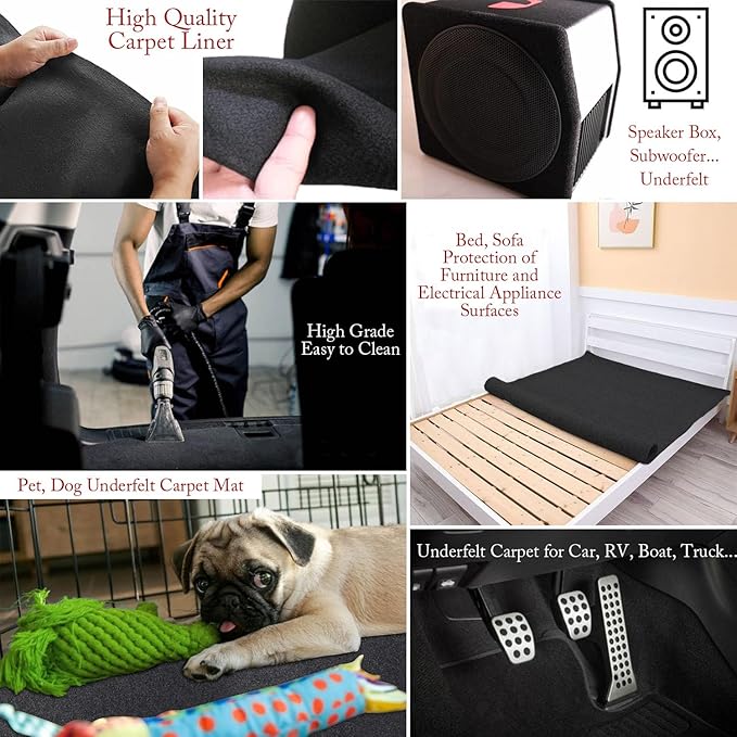 Black Underfelt Liner Carpet for Speaker Sub Box, Table - Top/Bottom, Auto, RV, Boat, Marine, Car & Truck Carpet, (Felt Febric) (Black, 72"x43")