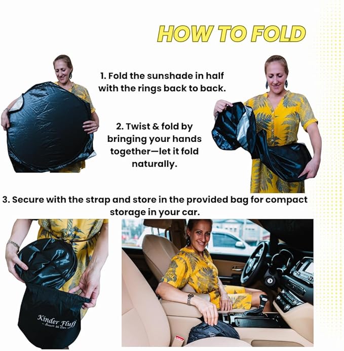 kinder Fluff Patented Windshield Sunshade | Reflective & Foldable Windshield Sun Cover & 99% UV Rays Block | Car Window Shade Interior Accessories Sunshades for Windscreen & Dashboard - L (63x35in)