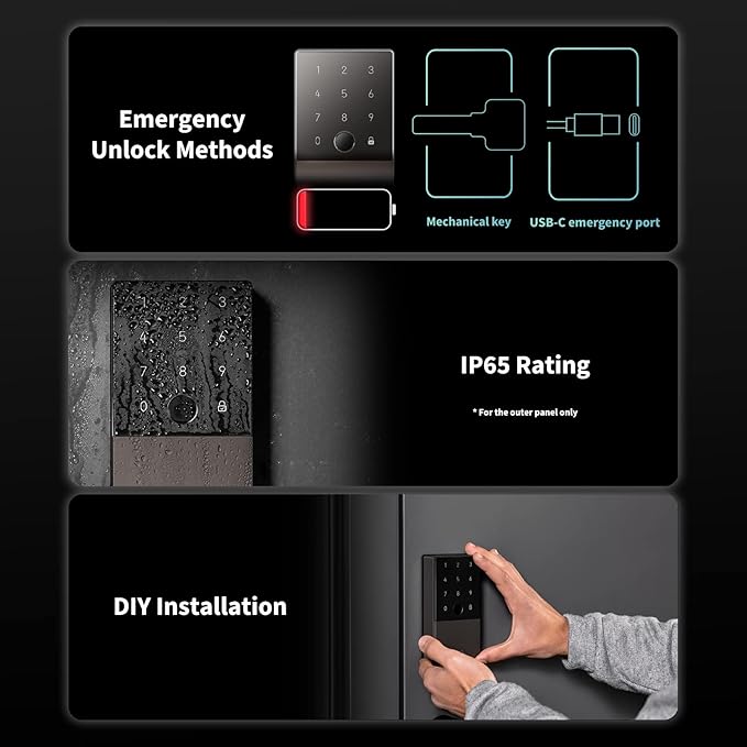 Aqara Smart Lock U100, Fingerprint Keyless Entry Door Lock with Apple Home Key, Touchscreen Keypad, Bluetooth Electronic Deadbolt, IP65 Weatherproof, Supports Apple HomeKit, Alexa, Google, IFTTT, Gray