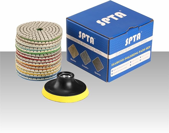 SPTA 15pcs Diamond Wet Polishing Pads Set, 4 inch, White, 50#-6000#, For Granite, Concrete, Marble, Stone, Tiles, With Floor Grinder or Polisher