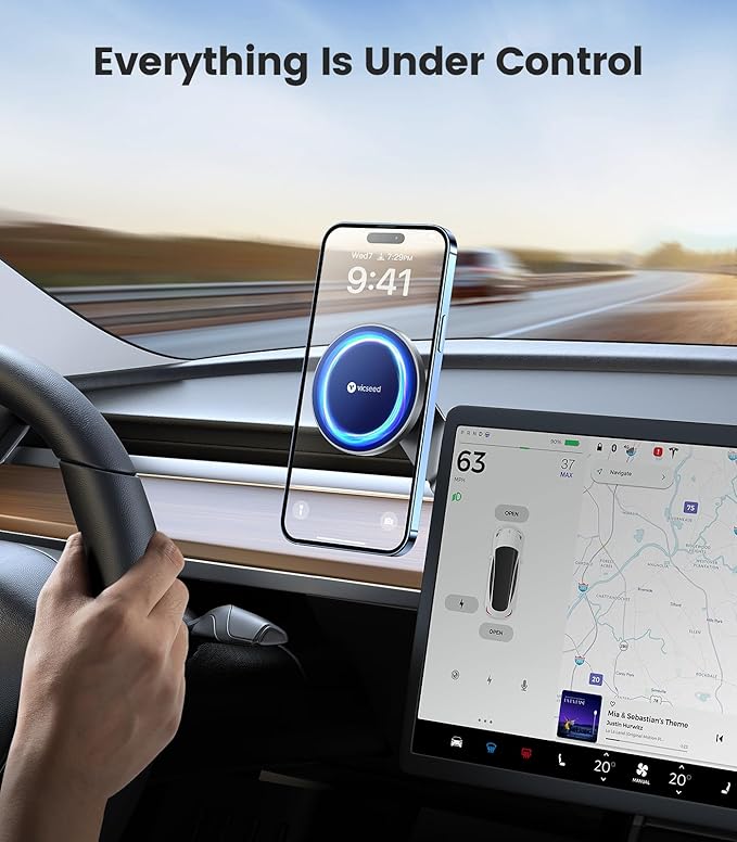 VICSEED Tesla Phone Mount【Strongest Magnet Power】 Foldable Hidden Tesla Phone Holder Fit for All Phones, Tesla Model 3/Y/Cybertruck Accessories, Tesla Model 3 Model Y for MagSafe Car Mount - Blue