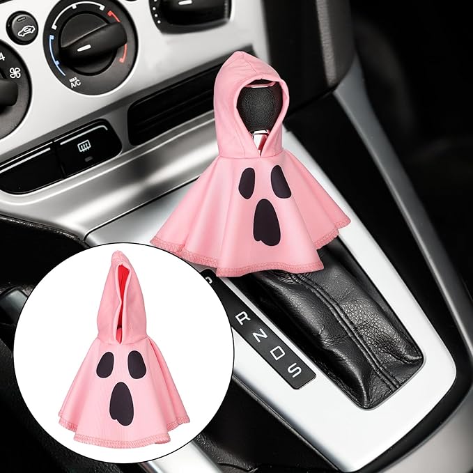 Christmas Car Gear Shift Hoodie Decoration Halloween Funny Gear Shift Cover Mini Universal Knob Hoodie Cover for Automotive Car Interior Accessories Gadgets Gift(Pink,Ghost)