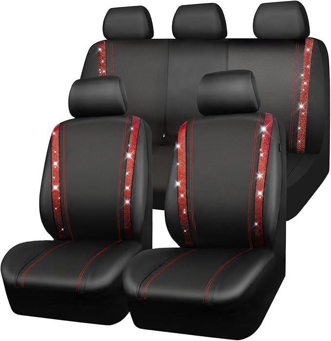 CAR Pass Bling Car Seat Covers Full Set, Shining Rhinestone Diamond Waterproof Faux Leather, Rear with Zipper, Universal Fit Automotive Glitter Crystal Sparkle Strips for Women Girl, Black Red