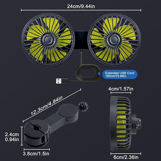 XOOL Car Fans for Backseat - Dual Head USB Cooling Car Fan for Kids, 360° Rotatable Car Rear Headrest Fan, Air Circulation Fan with Adjustable Clip for Vehicles SUV RV Truck