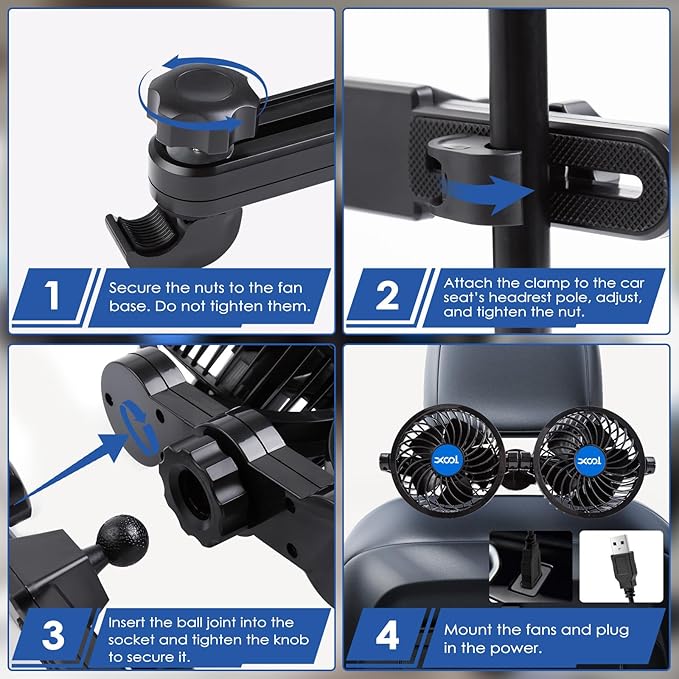 XOOL USB Car Fans for Backseat - Dual Head Cooling Car Fan for Kids, 360° Rotatable Car Rear Headrest Fan, Air Circulation Fans with Adjustable Clip Stepless Speed Regulation for SUV RV Vehicles Truck