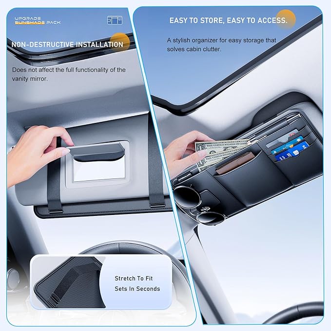 Tumecos Car Sun Visor Organizer, Auto Consoles Organizer with Sunglass Holder,Multi-Pocket Visor Accessories for Truck, SUV,Card/Pen/Driver's License Holder