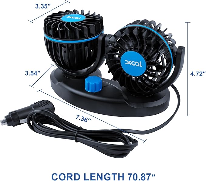 XOOL 12V Fan Car Fan, Adjustable Dual Head 3.5 Inches for Front Seat Passenger, 360° Rotatable Electric Car Cooling Fans with 2 Speed Regulation for SUV, RV, Vehicles