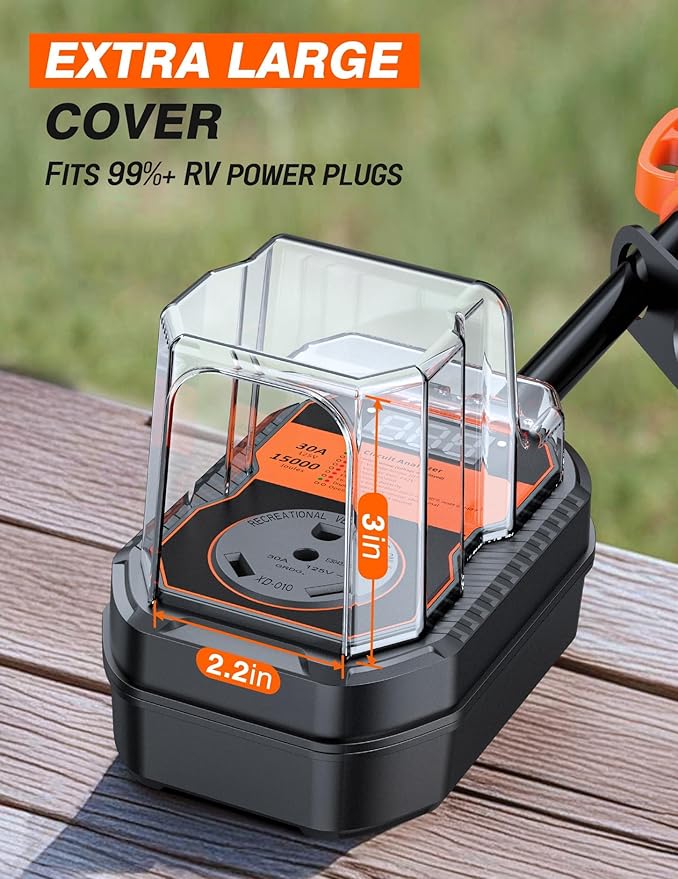 15,000J RV Surge Protector 30 Amp with LED Display, 30 Amp RV Surge Protector with Voltage Monitoring, Clear Error Codes, Comprehensive Detection, IP68 Waterproof Cover