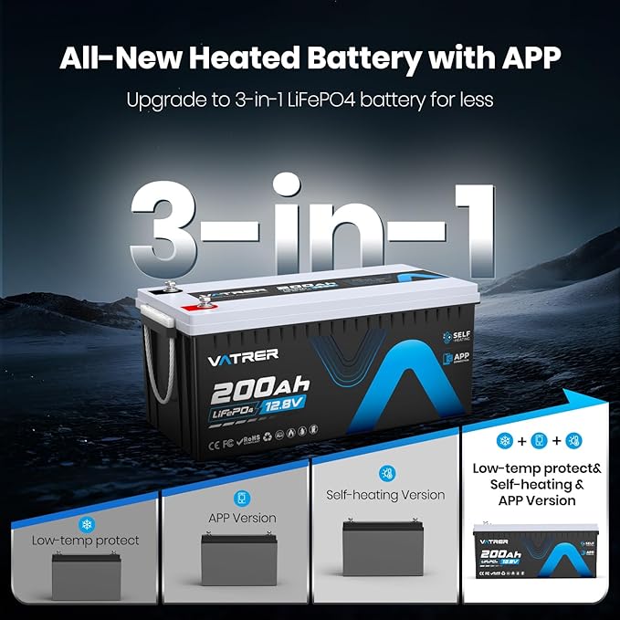 12V 200AH Bluetooth LiFePO4 Lithium Battery with Self-Heating, Built-in 200A BMS, Supports Low Temp Charging(-4°F), 5000+ Cycles, Perfect for RV/Camper, Solar, and Off-Grid Applications, etc.