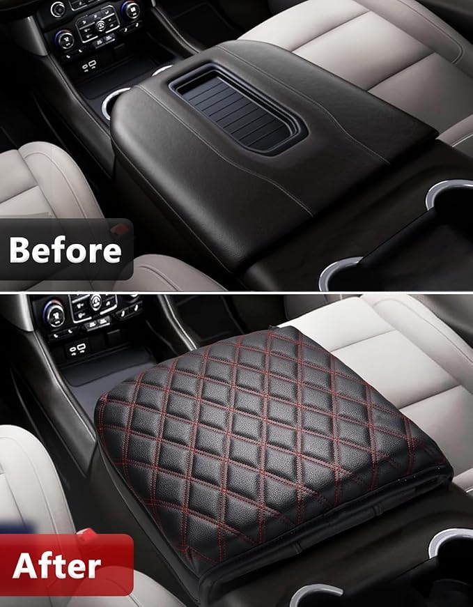 KBH Center Console Armrest Cover for Chevy Silverado & GMC Sierra 2019-2025, Tahoe & Suburban & Yukon 2021-2025 Bucket Seat, Vinyl Leather Trim, Black-Red Double Stitch