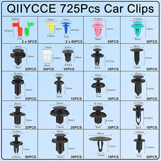 725Pcs Car Push Retainer Clips & Auto Fasteners Assortment - 23 Most Popular Sizes Bumper Fender Rivet Kits + 1 Fastener Removal Tool, Universal for Toyota, GM, Ford, Honda, Acura, Chrysler
