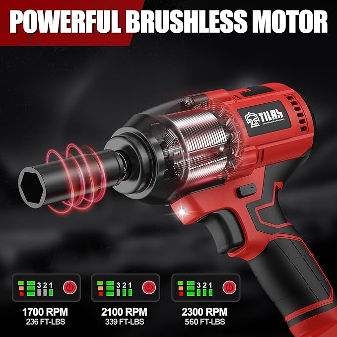 21V Cordless Power Impact Wrench 560Ft-lbs(750N.m) High Torque 1/2 inch 2x 4.0Ah Battery Electric Impact Gun with Brushless Motor 2300RPM Speed Fast Charger 5pcs Sockets for Car Lug Nuts