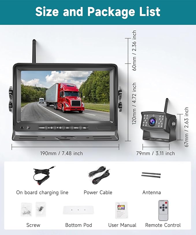 Wireless Backup Camera for RV, 7" IPS Monitor Kit AHD Rear View Camera Waterproof Night Vision DVR Recording, Wireless Reverse Camera 12V-36V for Truck/Trailer/RV/Camper/Excavator/Caravan
