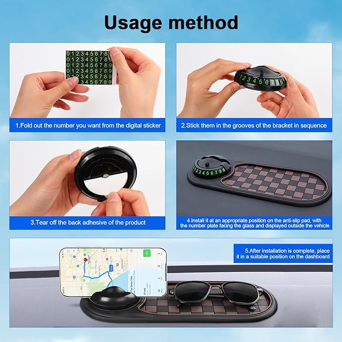 Multifunction Car Anti-Slip Mat Auto Phone Holder,Rotatable Anti Skid Car Dashboard Mat with Temporary Parking Numbe and Large Pad for Phones Sunglasses Keys Gadgets (Brown-Black)