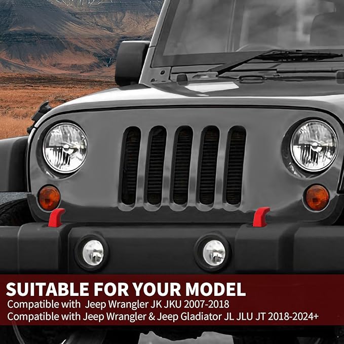 Bumper Tow Hook Covers 2Pcs Compatible with 2007-2018 Jeep Wrangler JK JKU/for 2018-2025 JL JLU & Jeep Gladiator JT Exterior Accessories(Red)