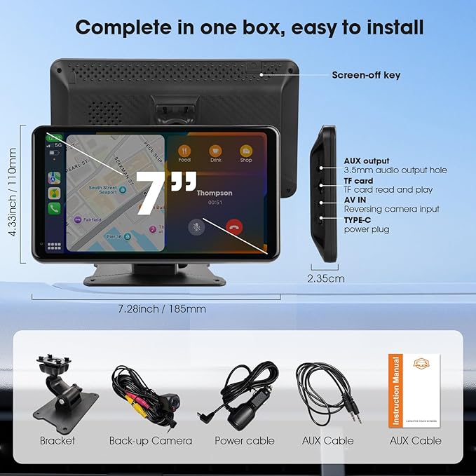 7" Portable Wireless CarPlay & Android Auto Car Stereo with Backup Camera, 7" HD Touch Screen, GPS, Voice Control, Plug & Play for Older Cars - Universal Fit
