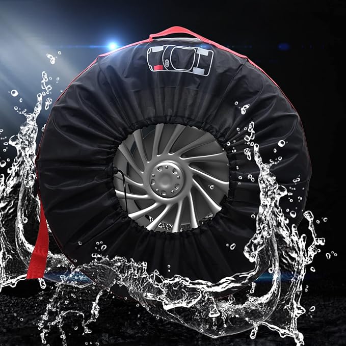 Geloo Car Tire Cover, Spare Tire Cover, Seasonal Tire Totes, Portable Wheel Bags, Winter Tire Cover, Set of 4 Storage Tote Bags with Handle Fit for 13" to 18" Tyres (Diameter 66cm)-Black/Red
