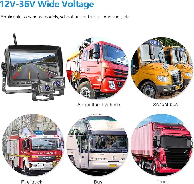 Wireless Dual RV Backup Camera system, Hodozzy 7-inch Recording Monitor 2 Reversing Cameras Loop Recording with SD Card, Sunshade Design Waterproof Night Vision Wireless Reverse Camera 12V-36V for Car