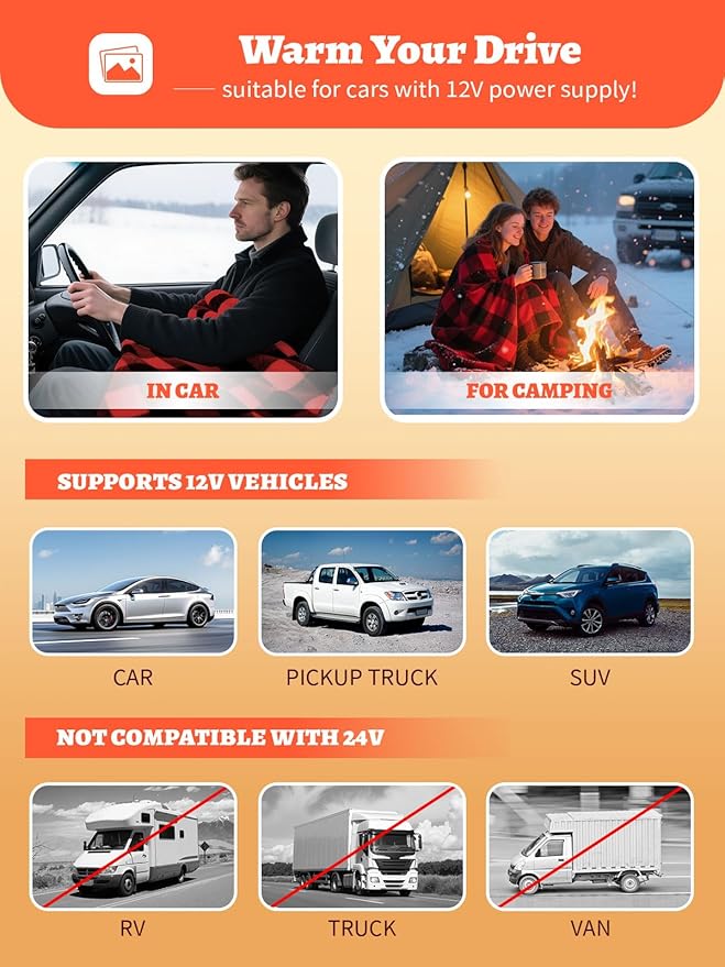 12V Car Heated Blanket 59"x39"Portable Heated Blanket for Travel with 4 Heating 4 Timing Settings Soft and Comfortable for Car SUV Camping (Black&Red)