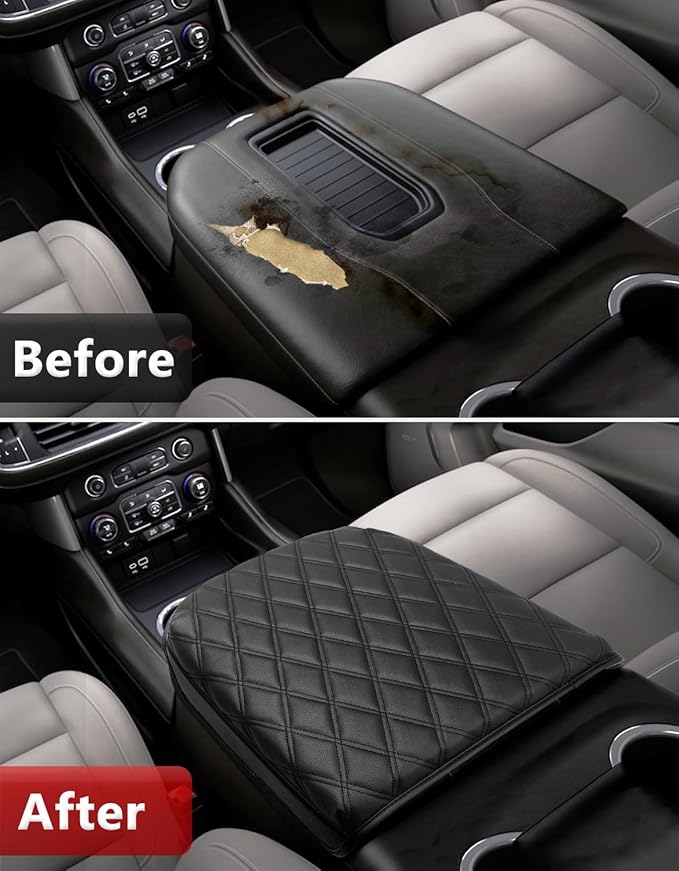 KBH Center Console Armrest Cover for Chevy Silverado & GMC Sierra 2019-2025, Tahoe & Suburban & Yukon 2021-2025, Vinyl Leather Trim, Bucket Seat, Black-Double Stitch
