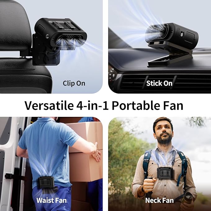 Socool 14500mAh Portable Car Fan Rechargeable Battery Opearated, Clip on Car Seat Headrest 360 Rotatable, 5-Speed Backseat Fans for Baby Rear Facing Cooling with Dual Air Outlets for SUV RV Truck