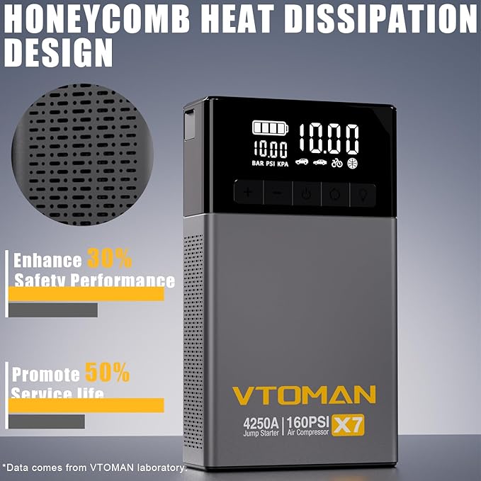 VTOMAN X7 Jump Starter with Air Compressor, 4250A&160PSI Pickup Trucks & Suvs Battery Car Jumper Starter Portable(10L Gas/10L Diesel) with Auto-Shutoff Tire Inflator, 12V Lithium Booster Box, QC3.0