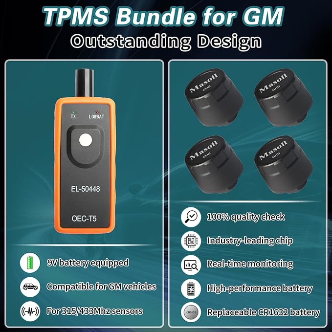 TPMS Sensor for GM Chevy Chevrolet Silverado Buick Cadillac GMC, Gen 2 TPMS Sensors Set of 4 with 1 TPMS relearn Tool, External Tire Pressure Sensor, Easy to Install