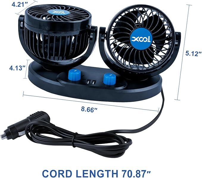 XOOL 12V Car Fan, 360 Degree Rotatable Electric Car Fans, 2 Speed Dual Head Fans with 2 USB Charging Ports, Quiet Strong Cooling Air Fan for Truck Vehicle Boat Van SUV RV