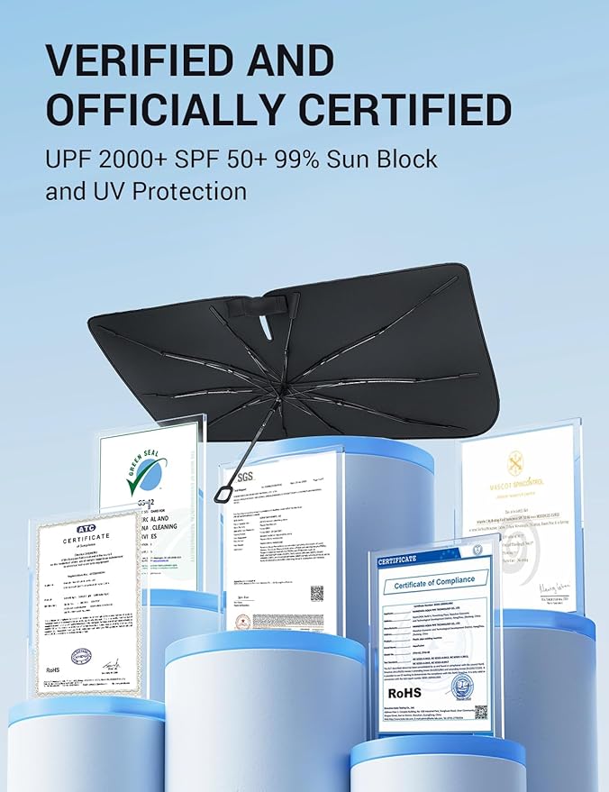 Proadsy Windshield Sun Shade Umbrella for Hyundai Tucson 2022-2025 2026 Foldable Car Umbrella Sunshade with Soft TPU Handle Spring Structure Crystal Cooling Material Protect Car from Rays & Heat