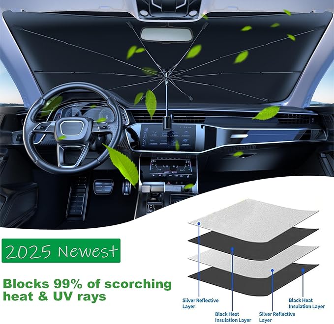 Windshield Sun Shade 2025 Car Accessories 100% Blackout Car Front Windsow Shades Umbrella Automotive Sun Visor Block Heat Insulation Protection (Red)