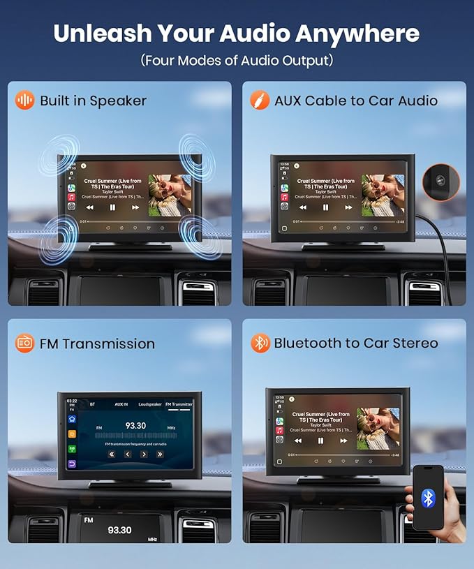 Wireless Apple Carplay Screen for Car:Sunlight Readable 7.2" HD Touchscreen with Wireless Android Auto,Backup Camera,Portable Carplay with Voice Control,AUX,FM Transmitter for Most Vehicle