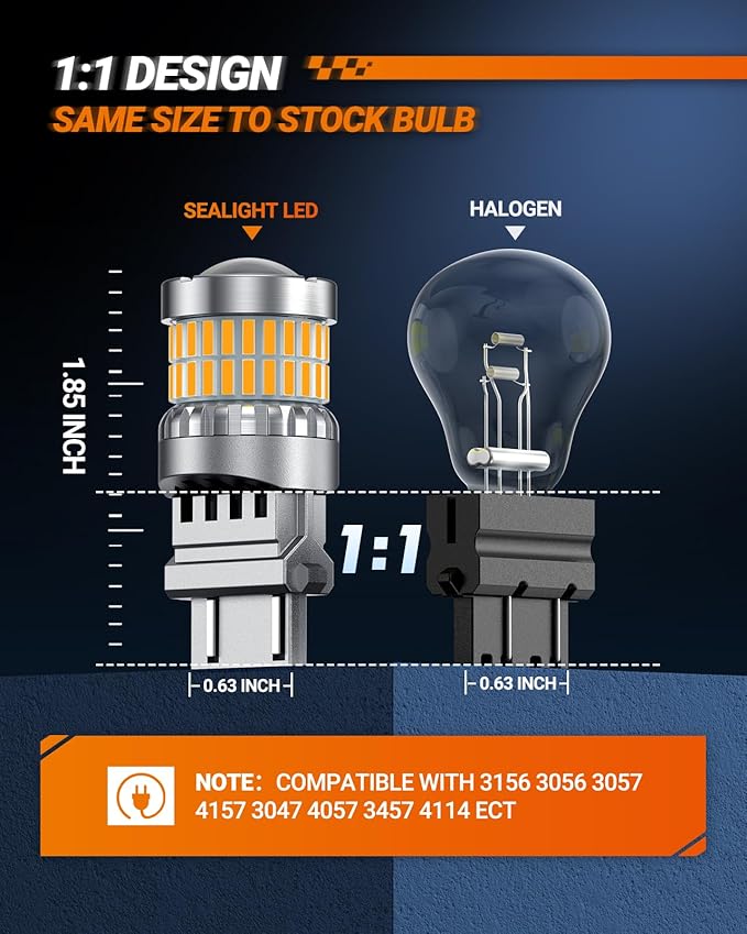 SEALIGHT Turn Signal Light Bulbs, 3157 LED Bulb Amber, 700% Brighter 3157A 3156 3057 4157 LED Bulb 57-SMD LED Chipset with Projector Len & Load Resistor for Turn Signal Light, Parking Light, 2Pcs