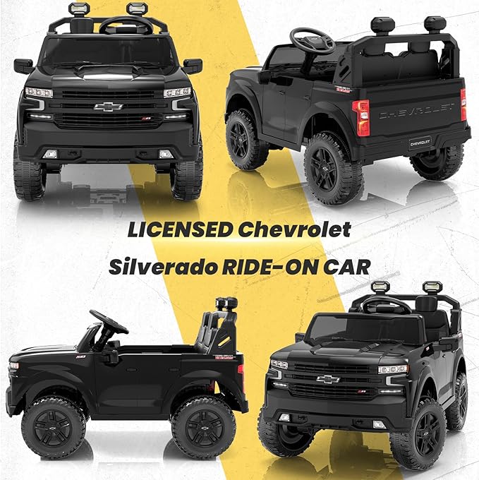 Licensed Chevrolet Silverado 2 Seater Electric Car, 24V Ride on Car for Big Kids with Remote Control, Toddler Ride on Toy w/4 Wheels Suspension, LED Lights, Bluetooth (Black)