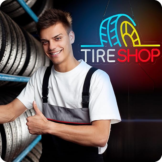 Tire Shop Neon Sign Garage Tire Store LED Light for Wall Decor Auto Supplies Car Service Repair Workshop USB Powered Dimmable 16.5 x 11 inches