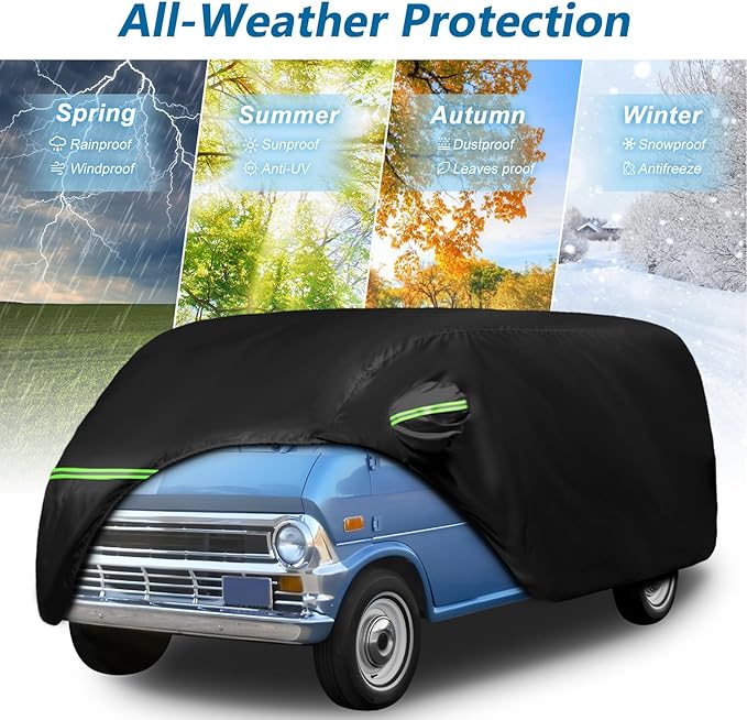 Waterproof Car Covers for 1961-1974 Falcon Club Wagon E-100,Econoline E-100 Van,420D Oxford Cloth Sun Heat Protection Outdoor Full Covers with Driver Side Zipper Windproof Heavy Duty All Weather